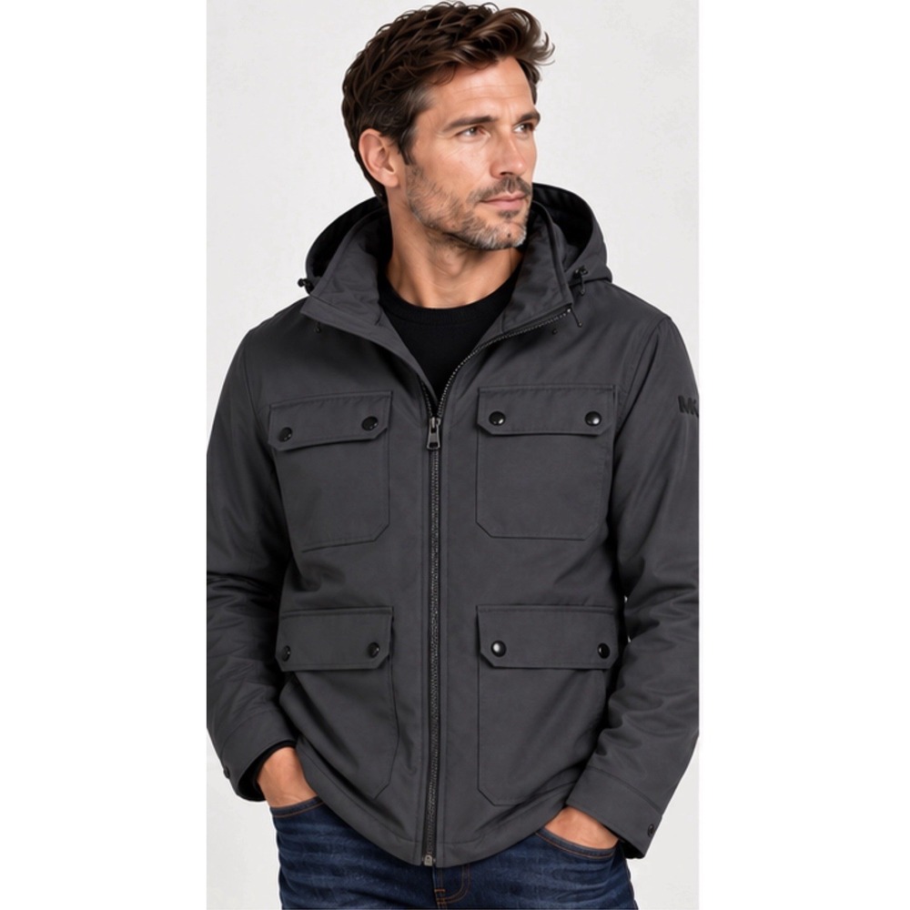 Michael Kors Mens Jacket L NWT Charcoal Hooded Fleece Lined Utility Coat MX22424